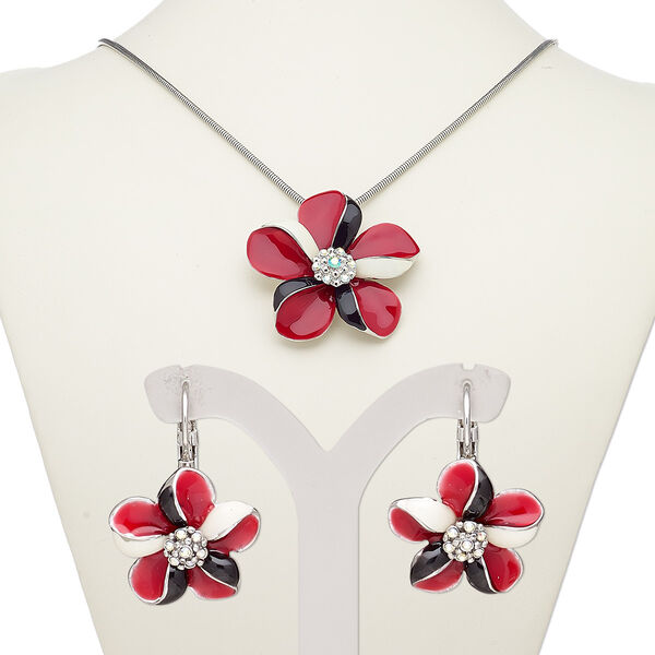 Necklace and earring set, enamel / glass rhinestone / silver-plated brass / steel / "pewter" (zinc-based alloy), multicolored, 57x55mm flower, 18-inch necklace with 2-inch extender chain and lobster claw clasp, 30mm earrings with leverback ear wire. Sold per set. image number 0