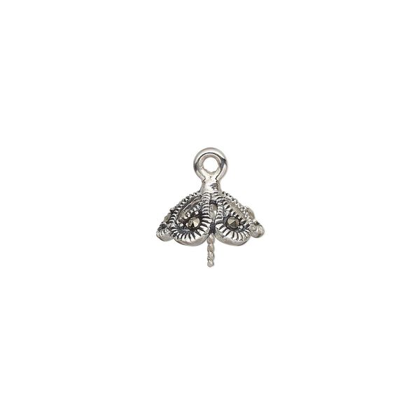 Cup, marcasite (natural) and antiqued sterling silver, 10.5x10.5mm paisley with 0.8mm twisted peg, fits 8-10mm bead. Sold individually. image number 0