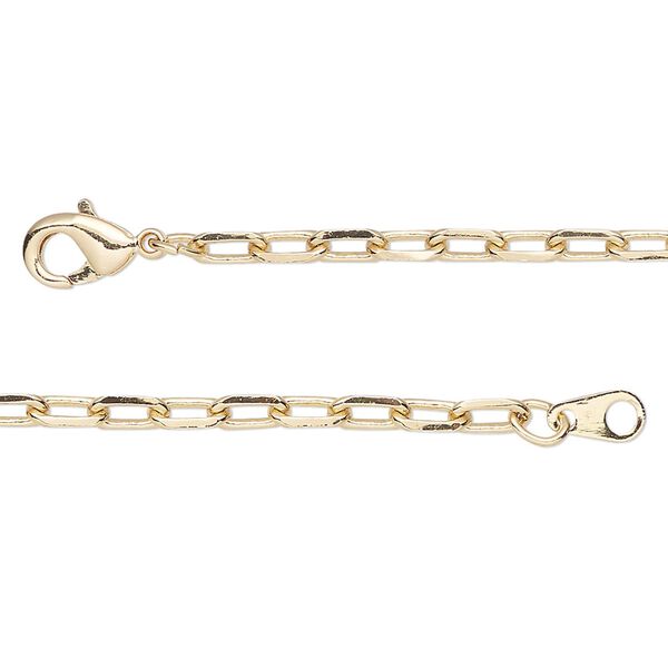 Chain, gold-finished brass, 3mm paperclip, 24 inches with lobster claw clasp. Sold individually. image number 0