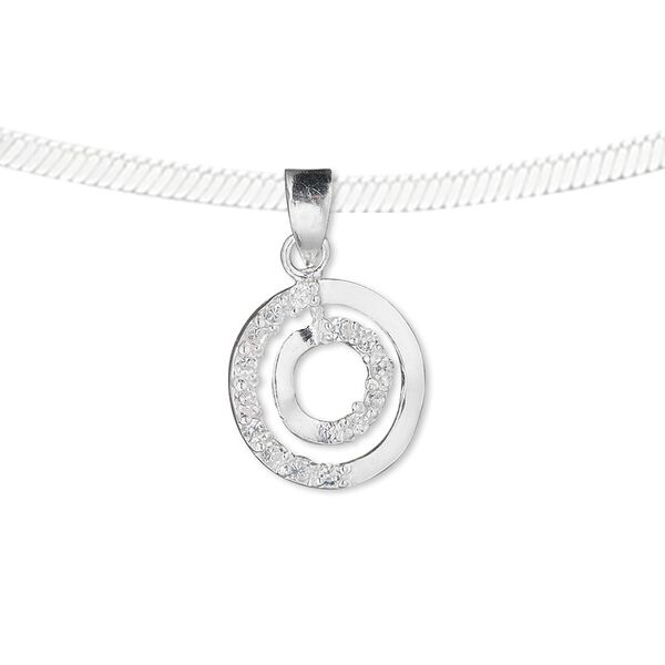 Pendant, sterling silver and cubic zirconia, clear, 13.5mm flat round. Sold individually. image number 0