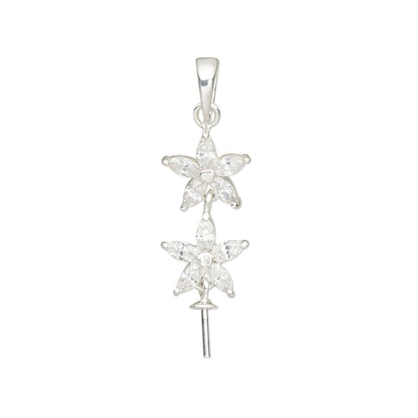 Pendant, cubic zirconia and sterling silver, clear, 25mm single-sided flower with 3mm cup and 5mm peg, fits up to 12mm bead. Sold individually. image number 0