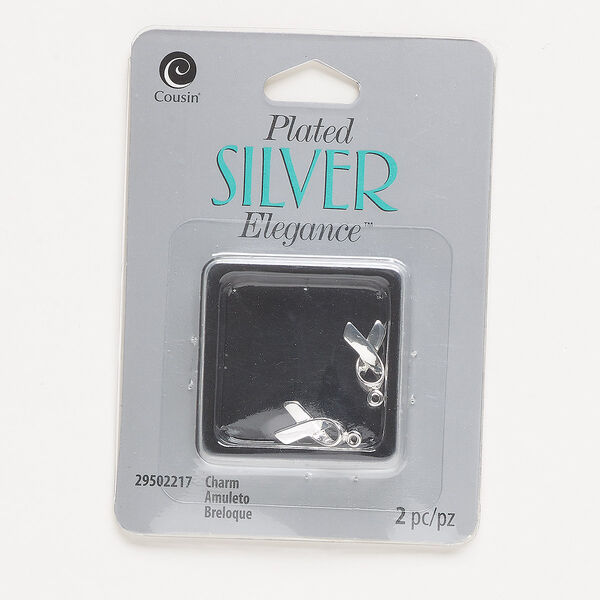 Charm, silver-plated copper, 13.5mmx8mm 3D ribbon. Sold per pkg of 2. image number 0