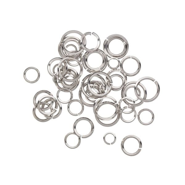 Jump ring mix, stainless steel, 6-12mm round diamond wire, 4.3-9.5mm inside diameter, 16-20 gauge. Sold per pkg of 50. image number 0