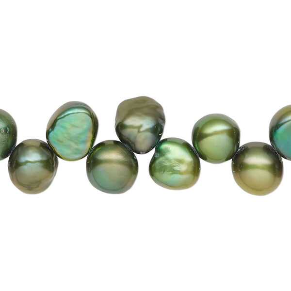 Pearl, cultured freshwater (dyed), forest green, 7-9mm top-drilled flat-sided potato with 0.4-0.5mm hole, D grade, Mohs hardness 2-1/2 to 4. Sold per 14-inch strand. image number 0