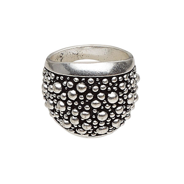 Ring, antique silver-plated "pewter" (zinc-based alloy), 23mm wide with raised beaded pattern, size 8. Sold individually. image number 0