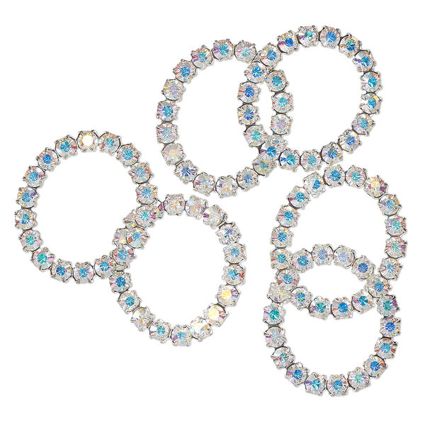 Component, silver-finished "pewter" (zinc-based alloy) and glass, translucent clear AB, 27x23mm open oval with prong-set rhinestones. Sold per pkg of 6. image number 0