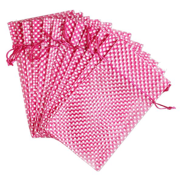 Pouch, organza, hot pink and white, 10x6 inches with dots pattern and drawstring closure. Sold per pkg of 12. image number 0