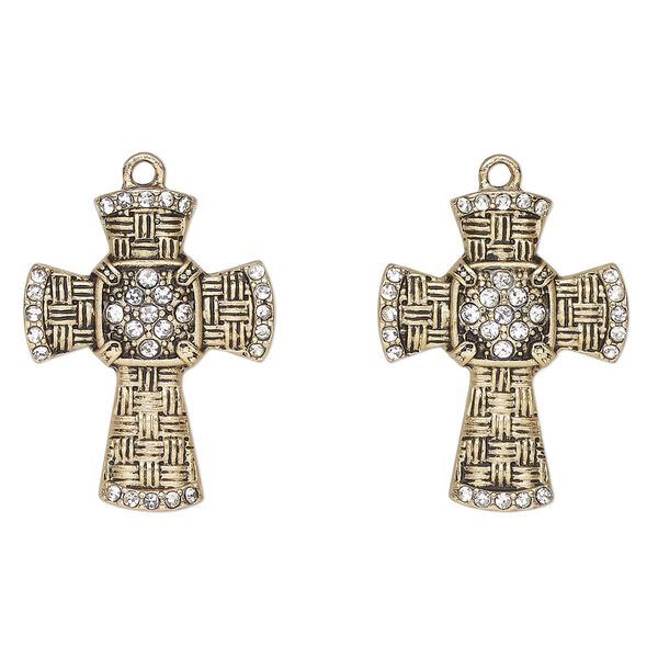 Focal, antique gold-finished "pewter" (zinc-based alloy) and glass, clear, 30x23mm weaved cross. Sold per pkg of 2. image number 0