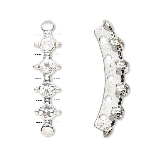 Spacer, glass rhinestone and silver-plated "pewter" (zinc-based alloy), clear, 32.5x7.5mm 5-strand, fits up to 4mm bead. Sold per pkg of 10. image number 0