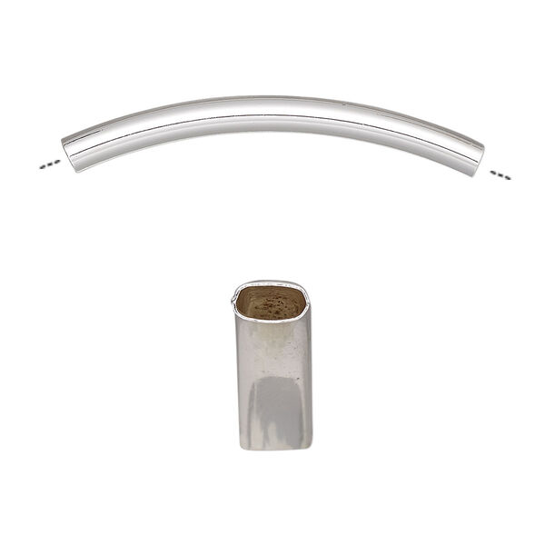 Bead, silver-finished brass, 35x6mm curved oval tube. Sold per pkg of 4. image number 0