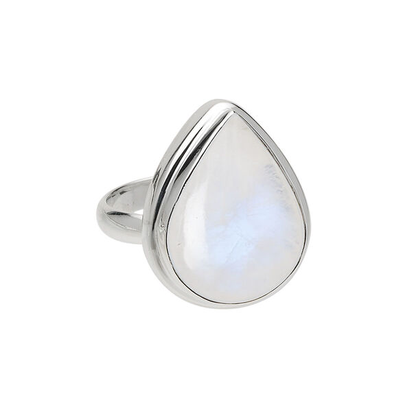 Ring, sterling silver and rainbow moonstone (natural), 20x14mm teardrop cabochon, size 8. Sold individually. image number 0