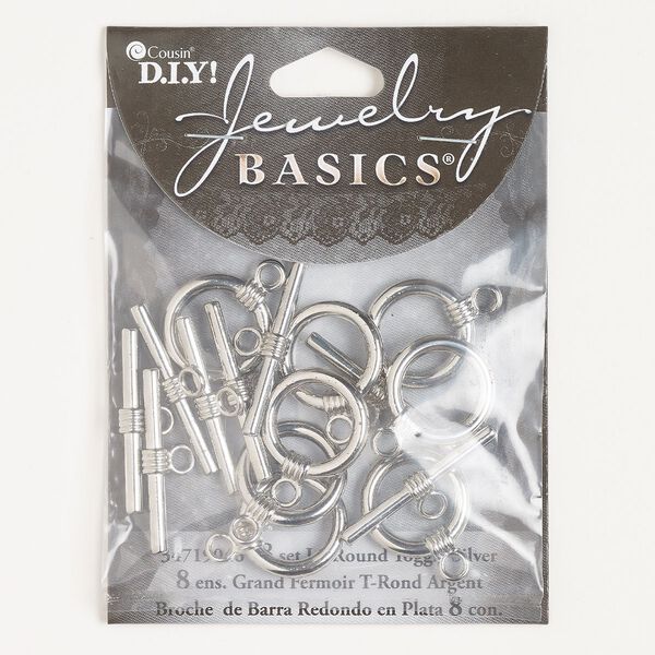Clasp, toggle, brass, pkg/8, 18mm round, silver finish. image number 0