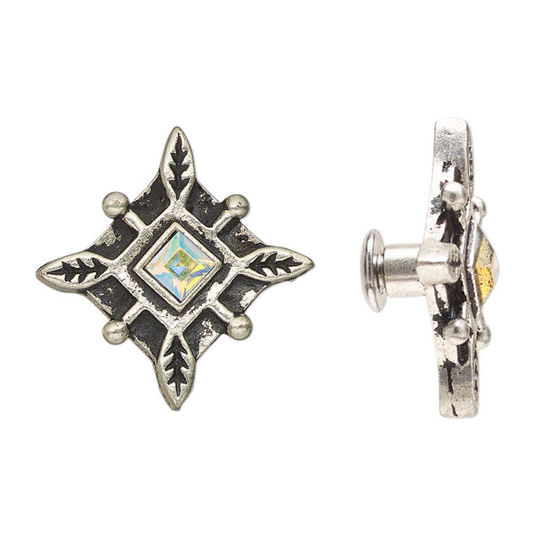 Component, glass with antiqued silver-finished steel and "pewter" (zinc-based alloy), clear AB, 16x16mm square with leaf design and screw fastener. Sold individually. image number 0