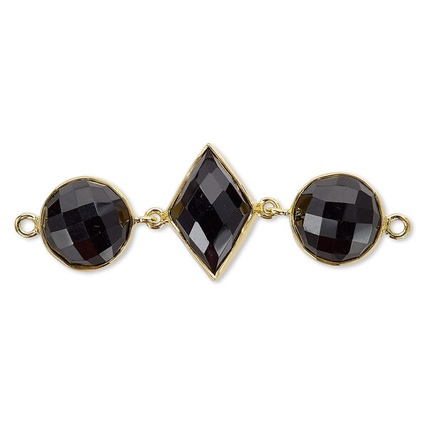 Link, black onyx (dyed) and gold-finished sterling silver, 40x16mm single-sided with 11mm faceted round and 16x11mm faceted diamond. Sold individually. image number 0
