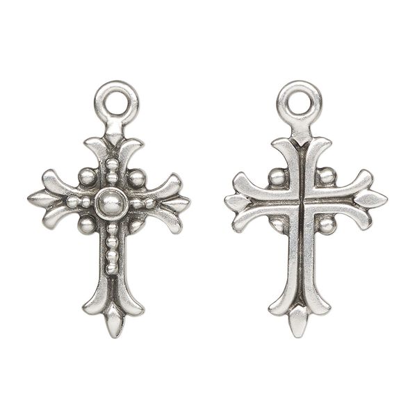 Drop, TierraCast®, antique silver-plated pewter (tin-based alloy), 22x17.5mm single-sided cross with fleur-de-lis design. Sold per pkg of 20. image number 0