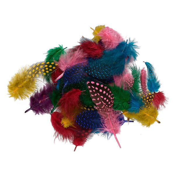 Feather mix, Guinea (dyed), mixed colors, 2-4 inches. Sold per 0.1 ounce pkg, approximately 95 feathers. image number 0