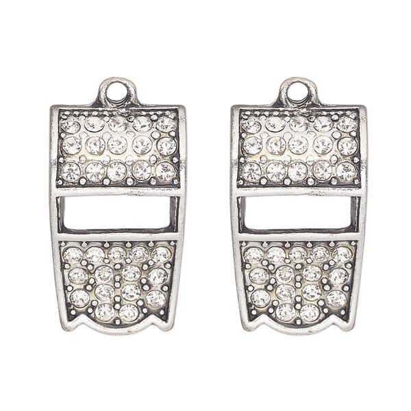 Charm, antique silver-finished "pewter" (zinc-based alloy) and glass, clear, 25x15mm single-sided whistle with "coach". Sold per pkg of 2. image number 0
