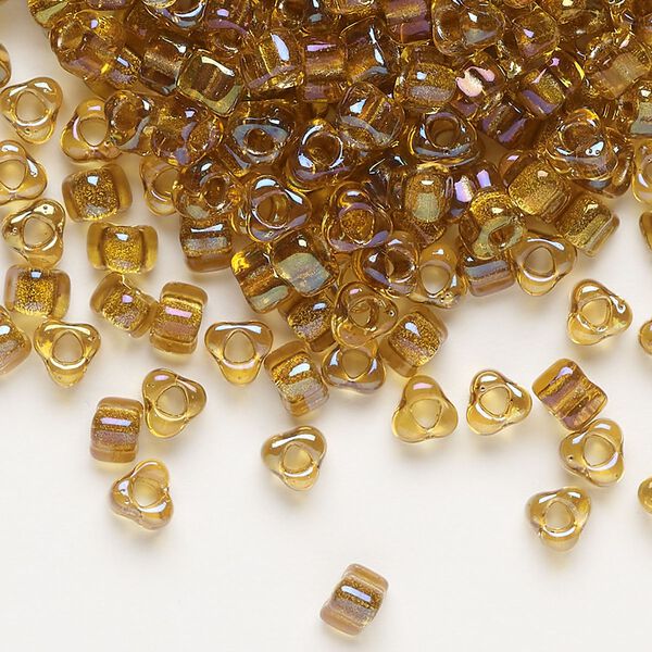 Seed bead, Miyuki, glass, transparent yellow color-lined gold, (TR1126), #5 triangle. Sold per 25-gram pkg. image number 0