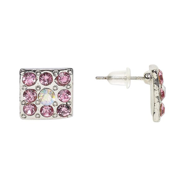 Earstud, Everyday Jewelry, antique silver-finished "pewter" (zinc-based alloy) and glass, pink and clear AB, 12mm square. Sold per pair. image number 0