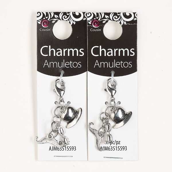 Charm, silver-finished "pewter" (zinc-based alloy) / steel / enamel, black, 26x16mm dangle with hat / sunglasses / mustache with lobster claw clasp. Sold per pkg of 2. image number 0