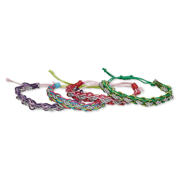Bracelet mix, cotton, mixed colors, 10mm wide, adjustable from 6-10 inches with wrapped knot closure. Sold per pkg of 4. image number 0