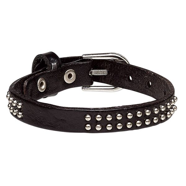 Bracelet, leather (dyed) and silver-plated steel, black, 10mm wide with round studs, adjustable from 6 to 7-1/2 inches with buckle-style closure. Sold individually. image number 0