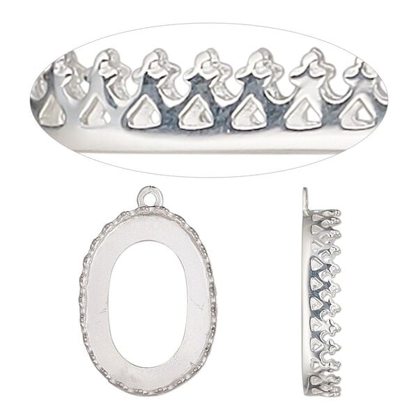 Drop, sterling silver, 20x14.5mm oval with decorative trim and open back with 18x13mm oval cabochon bezel setting. Sold individually. image number 0