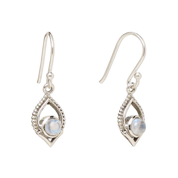 Ear wire, Create Compliments®, antiqued sterling silver and rainbow moonstone (natural), fishhook, 28mm with 13.5x9mm single-sided marquise, 21 gauge. Sold per pair. image number 0