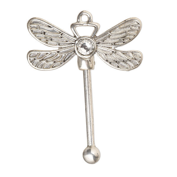 Focal, glass rhinestone / silver-finished "pewter" (zinc-based alloy) / brass, clear, 48x38.5mm single-sided dragonfly with twist-off head, 24.5mm beadable length, fits beads with 3mm hole. Sold individually. image number 0