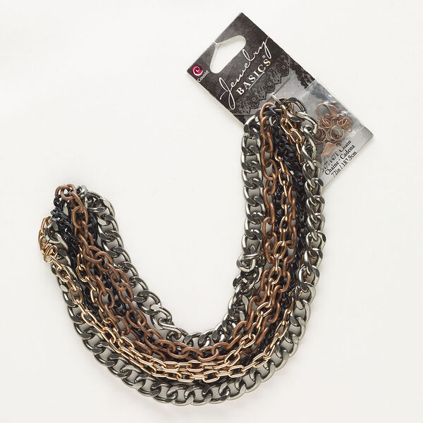 Chain assortment, multi-finished "pewter" (zinc-based alloy) and steel, mixed sizes curb and cable. Sold per pkg of 12. image number 0