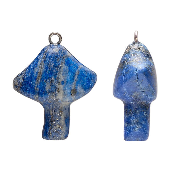 Lapis lazuli / brass 1pkg1, imitation rhodium-plated hand-carved mushroom drop natural C grade, 25x21.5mm image number 0