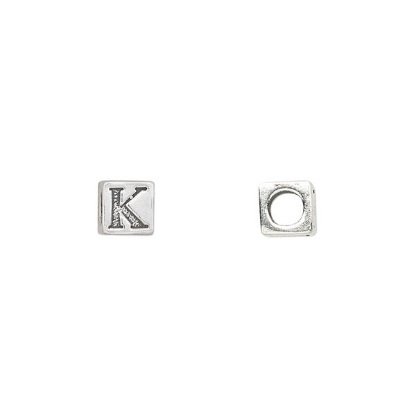 Bead, sterling silver, 5.5mm cube with alphabet letter "K." Sold individually. image number 0