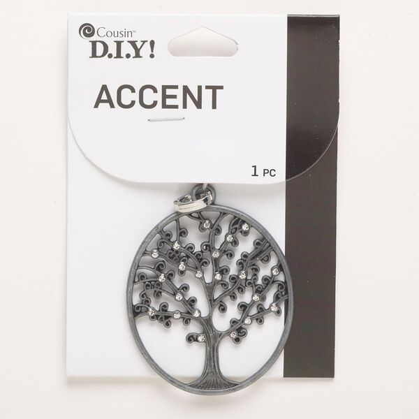 Focal, "pewter" (zinc-based alloy) and glass, pkg/1, gunmetal finish / grey / clear, 49x43mm oval with cutout tree with snap lock. image number 0