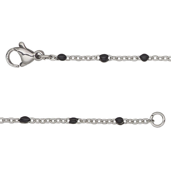 Chain, stainless steel and enamel, black, 1.7mm flat cable with 2mm ball, 24 inches with lobster claw clasp. Sold individually. image number 0