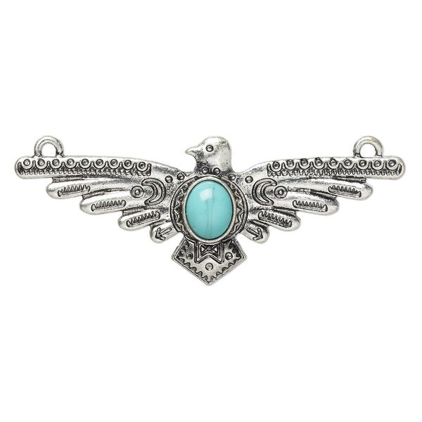 Focal, "turquoise" (resin) (imitation) and antiqued "pewter" (zinc-based alloy), blue, 68.5x26.5mm single-sided eagle with tribal design and 2 loops. Sold individually. image number 0