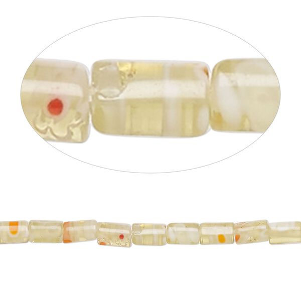 Bead, millefiori glass, amber and multicolored, 5x3mm round tube with flower and stripe design. Sold per 14-inch strand. image number 0