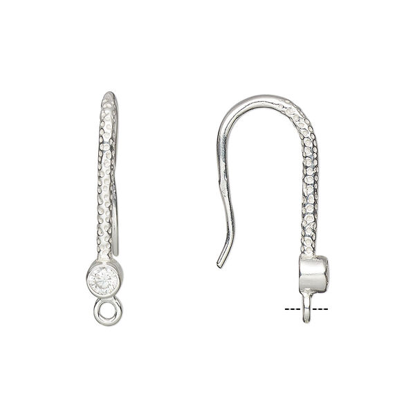 Ear wire, cubic zirconia and sterling silver, clear, 24mm textured fishhook with 4mm faceted round and closed loop, 16 gauge. Sold per pair. image number 0