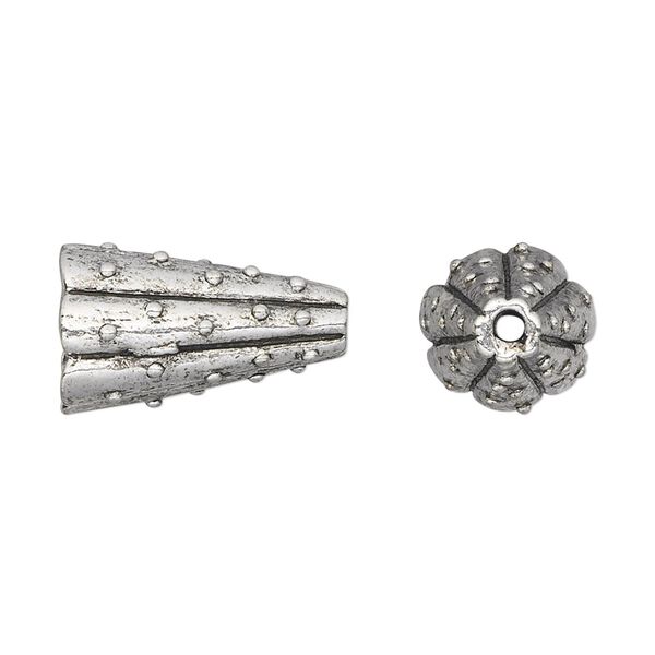 Cone, antique silver-plated pewter (tin-based alloy), 19.5x12mm with bumpy design, 8mm inside diameter. Sold per pkg of 2. image number 0