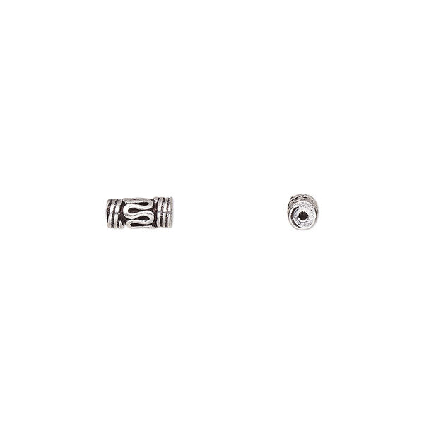 Bead, antiqued sterling silver, 7x3mm round tube with scroll and line design. Sold per pkg of 30. image number 0