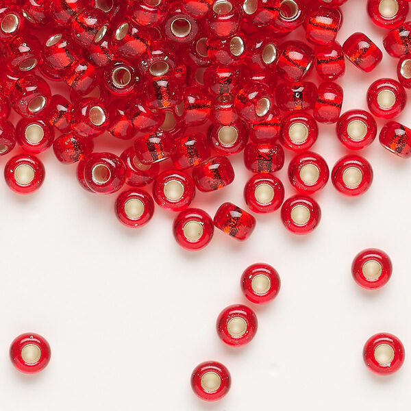 Seed bead, Miyuki, glass, pkg/25g, #6 rocaille, transparent silver-lined flame red, (RR-10). image number 0