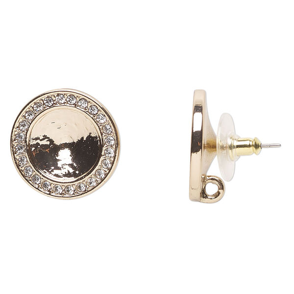 Earstud, Almost Instant Jewelry®, cubic zirconia and gold-finished pewter (tin-based alloy) with pink tint, clear, 20mm round comfort clutch with 12mm rivoli setting. Sold per pair. image number 0