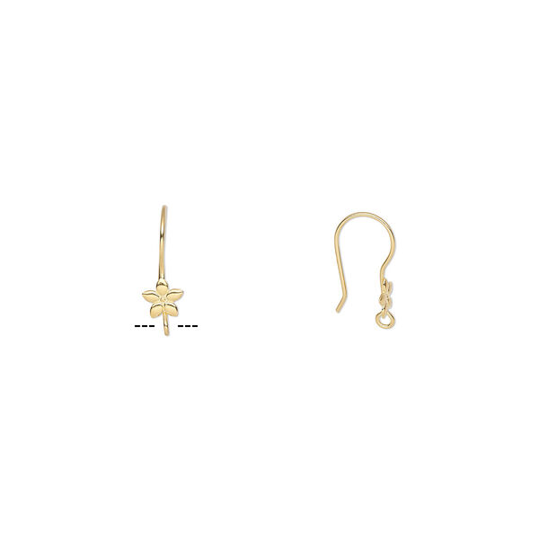 Ear wire, gold-plated stainless steel, 21mm fishhook with flower and open loop, 21 gauge. Sold per pkg of 5 pairs. image number 0