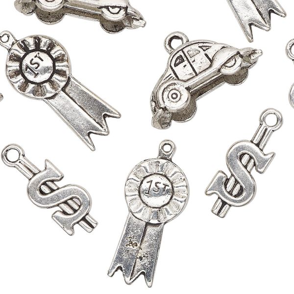 Charm mix, antique silver-finished "pewter" (zinc-based alloy), (3) 19x8mm dollar sign, (3) 23x10mm car and (3) 23x12mm 1st place ribbon. Sold per pkg of 9. image number 0