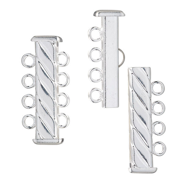 Clasp, 4-strand slide lock, silver-plated brass, 26x7mm corrugated rectangle tube. Sold per pkg of 4. image number 0