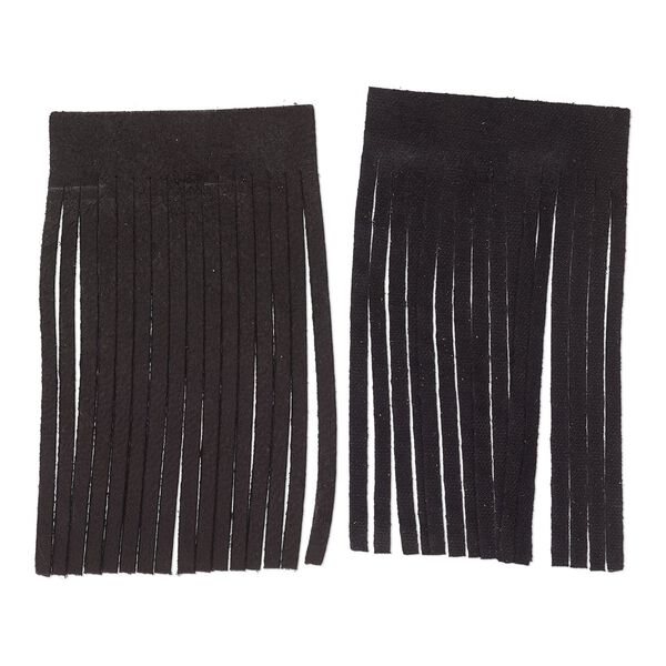 Component, Realeather®, deerskin leather (dyed), black, 3 x 2-inch fringe with 1/8 inch wide strips. Sold per pkg of 2. image number 0