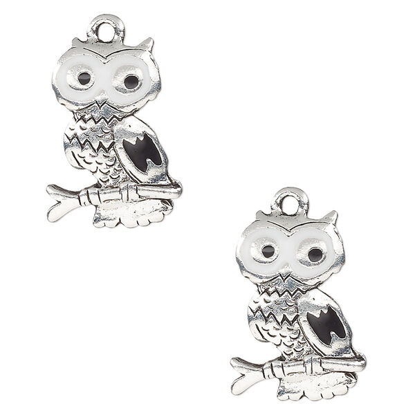 Charm, enamel and antique silver-plated pewter (tin-based alloy), white and black, 20x15mm single-sided owl. Sold per pkg of 2. image number 0