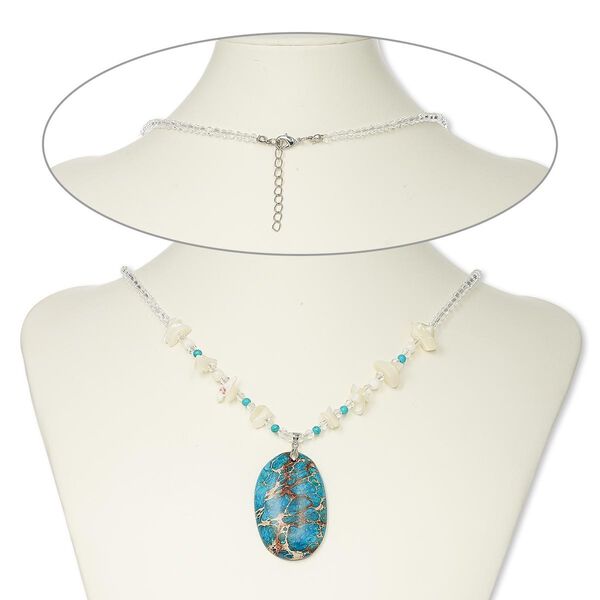 Necklace, mother-of-pearl shell / magnesite (bleached / dyed / stabilized) / glass / silver-finished brass / steel, blue / white / clear, 49x32mm oval, 20 inches with 2-inch extender chain and lobster claw clasp. Sold individually. image number 0