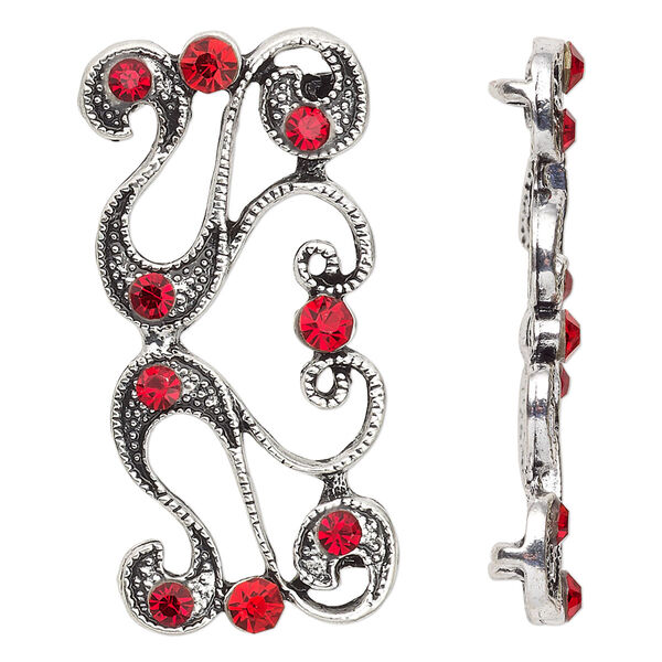 Spacer, antiqued silver-finished "pewter" (zinc-based alloy) and Czech glass rhinestone, light Siam, 40x19mm 2-strand fancy rectangle with flourish design. Sold per pkg of 4. image number 0