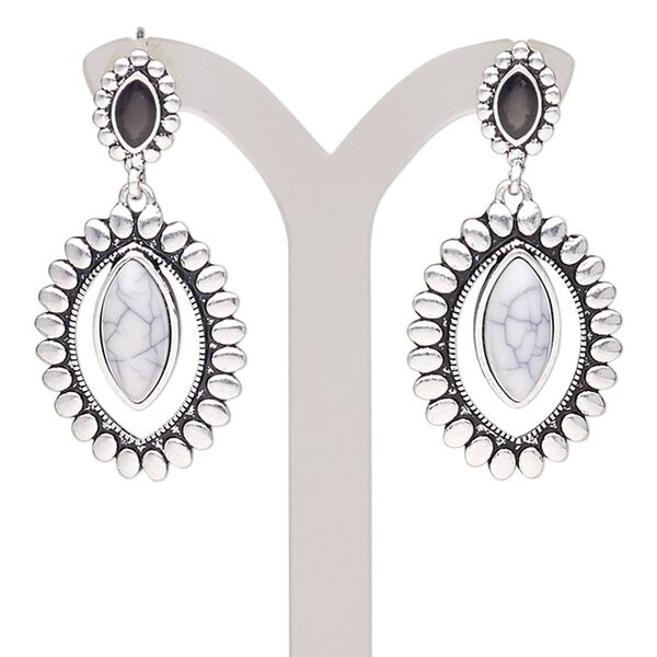Earring, magnesite (stabilized) / epoxy / antique silver-plated steel / "pewter" (zinc-based alloy), white and black, 43mm with marquise and post. Sold per pair. image number 0