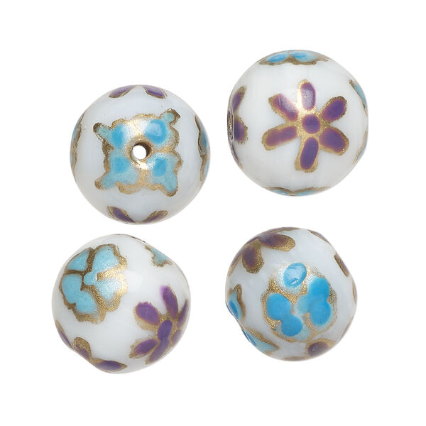 Bead, lampworked glass, opaque white and multicolored, 15-13mm round with painted flower design. Sold per pkg of 4. image number 0